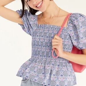 NWT J. Crew Liberty Blue Purple Club Nouveau Floral Smocked Squareneck Top